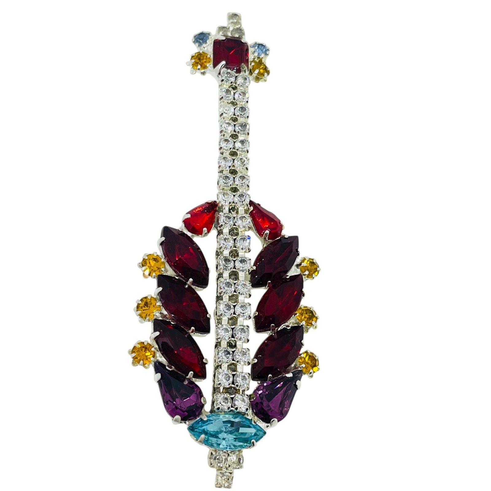 Vintage Silver Tone Jewel Ruby Topaz Citrin Glass Christmas Tree Designer Brooch